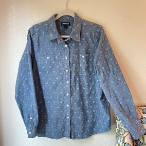 Land's End Floral Printed Denim Button Down NWOT